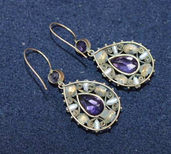 A pair of early 20th century 9ct gold earrings in the suffragette colours, set with amethysts, green garnets and pearls, 30mm.